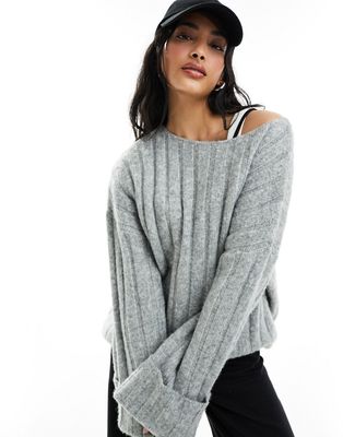 ASOS DESIGN oversized scoop neck sweater with turn back cuffs in rib in gray