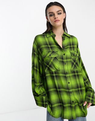 ASOS DESIGN oversized shirt with wide cuff detail in neon green check