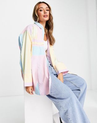ASOS DESIGN oversized shirt with wide cuff detail in pastel stripes-Multi