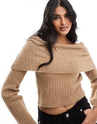 ASOS DESIGN oversized slouch off shoulder sweater in camel-Neutral
