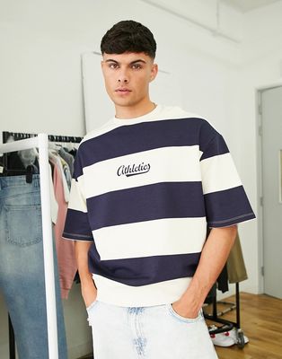 ASOS DESIGN oversized stripe short sleeve sweatshirt with text print-Multi