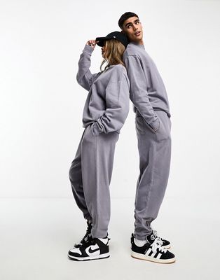 ASOS DESIGN oversized sweatpants in washed charcoal with embroidery - part of a set-Gray