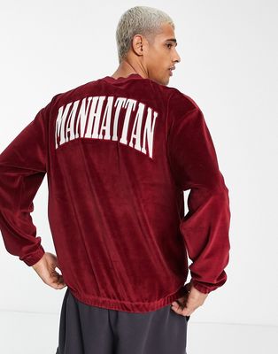 ASOS DESIGN oversized sweatshirt in maroon velour with Manhattan front and back embroidery-Red