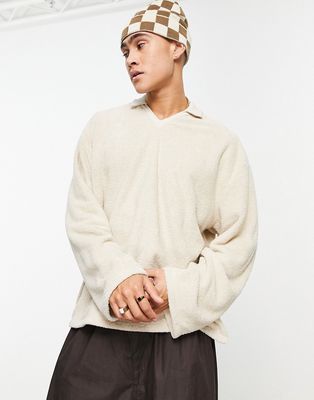 ASOS DESIGN oversized sweatshirt with flute sleeve and collared neck in beige towelling-Neutral