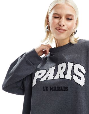 ASOS DESIGN oversized sweatshirt with Paris graphic in charcoal heather-Gray