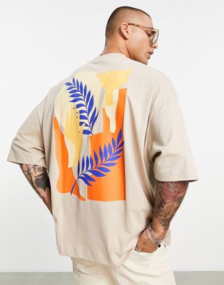 ASOS DESIGN oversized t-shirt in beige with abstract art back print-Neutral