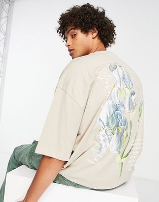 ASOS DESIGN oversized T-shirt in beige with floral text print-Brown