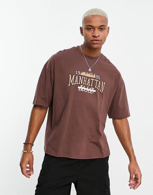 ASOS DESIGN oversized t-shirt in brown with collegiate front print