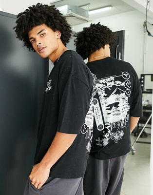 ASOS DESIGN oversized T-shirt in washed black with sketched Mount Fuji scene print