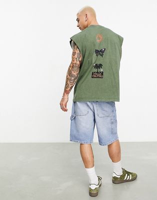 ASOS DESIGN oversized tank top in khaki with spine print-Green