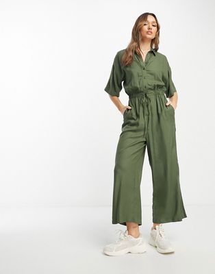 ASOS DESIGN oversized tie waist shirt jumpsuit in khaki-Green