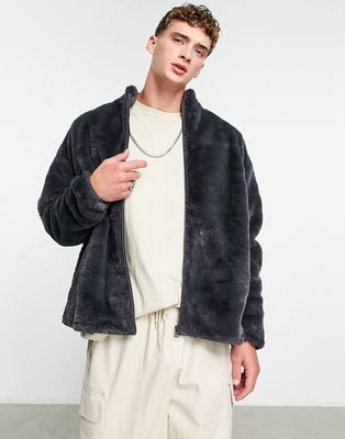 ASOS DESIGN oversized track jacket in washed black faux fur-Gray