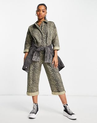 ASOS DESIGN oversized twill coveralls in khaki leopard-Multi