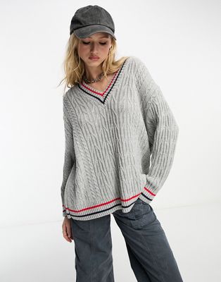 ASOS DESIGN oversized v neck cable sweater with contrast tipping in gray