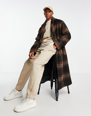 ASOS DESIGN oversized wool look check overcoat in black and brown