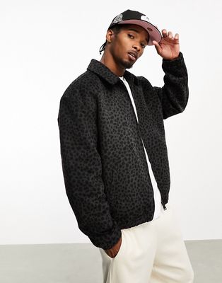 ASOS DESIGN oversized wool look harrington jacket in gray leopard print-Green