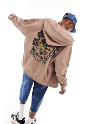 ASOS DESIGN oversized zip thru hoodie in brown with skull front & back puff print