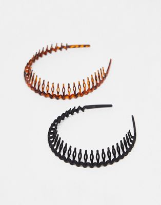ASOS DESIGN pack of 2 90s headbands in black and tort-Multi