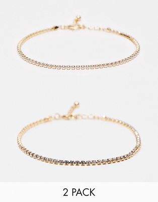 ASOS DESIGN pack of 2 anklets with faux pearl and crystal cupchain-Gold