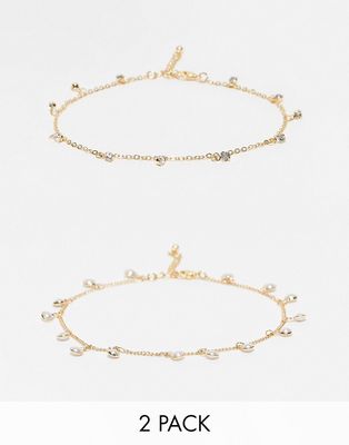ASOS DESIGN pack of 2 anklets with mixed pearl and crystal in gold tone