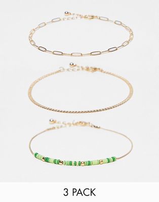 ASOS DESIGN pack of 3 anklets with green beading and mixed chain detail in gold tone