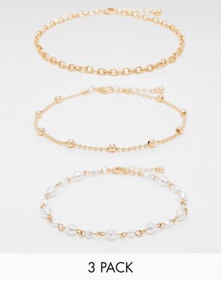 ASOS DESIGN pack of 3 anklets with mixed faux pearl and chain in gold tone