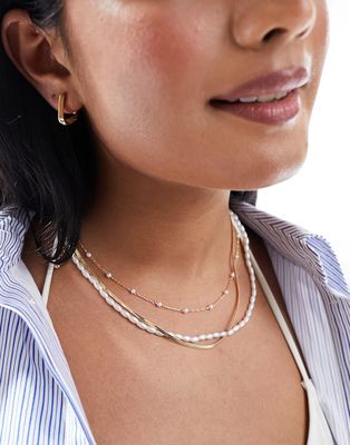 ASOS DESIGN pack of 3 necklaces with faux pearl and snake chain design-Gold