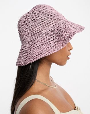ASOS DESIGN packable straw crochet bucket hat in mixed pink