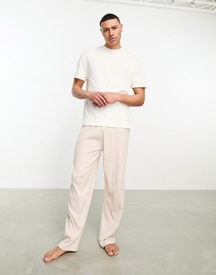 ASOS DESIGN pajama lounge set with t-shirt and pants in beige rib-Neutral