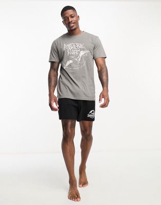 ASOS DESIGN pajama set with Jurassic Park print T-shirt and shorts in black and gray
