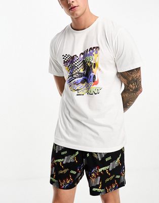 ASOS DESIGN pajama set with racing graphic in black and white with t-shirt and shorts