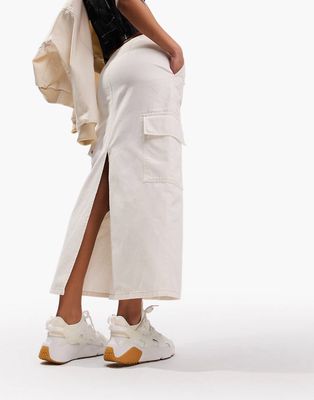 ASOS DESIGN parachute denim midi skirt with cargo pockets in white