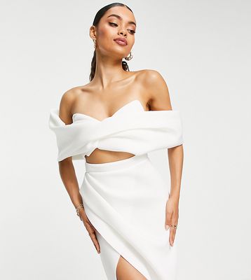 ASOS DESIGN Petite 2 piece off shoulder pencil wrap tuck midi dress in ivory-White