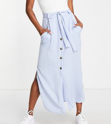ASOS DESIGN Petite belted button through midi skirt in pale blue