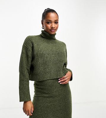 ASOS DESIGN Petite boxy sweater in rib with roll neck in khaki - part of a set-Green