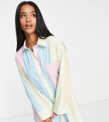 ASOS DESIGN Petite boyfriend cotton mini shirt dress in pastel stripe-Multi