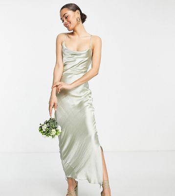 ASOS DESIGN Petite Bridesmaid cami maxi slip dress in hi-shine satin with lace up back in sage-Green