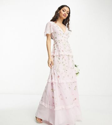 ASOS DESIGN Petite Bridesmaid flutter sleeve embellished wrap maxi dress with embroidery in light pink-Purple