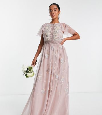 ASOS DESIGN Petite Bridesmaid pearl embellished flutter sleeve maxi dress with floral embroidery in rose-Pink