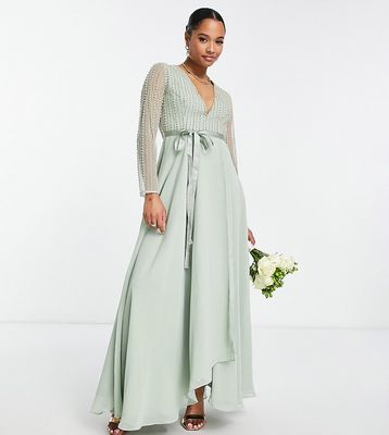 ASOS DESIGN Petite Bridesmaids linear embellished bodice maxi dress with wrap skirt-Green