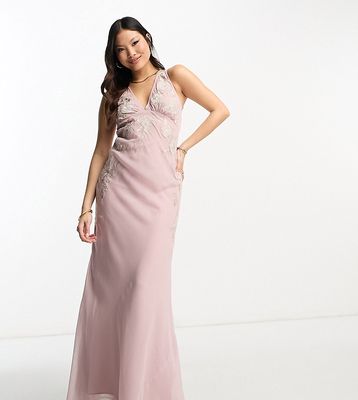ASOS DESIGN Petite Bridesmaids sleeveless maxi dress with floral applique in rose-Pink