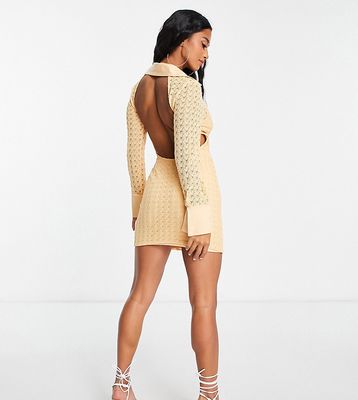 ASOS DESIGN Petite broderie backless mini shirt dress in apricot-Orange