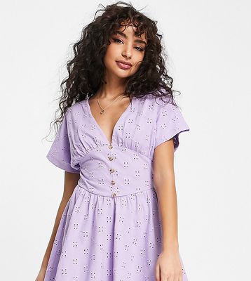 ASOS DESIGN Petite broderie mini tea dress with buttons in lilac-Purple