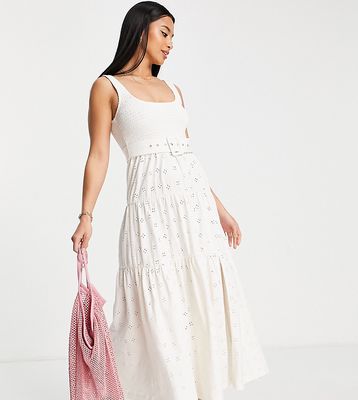 ASOS DESIGN Petite broderie shirred detail maxi dress with belt in cream-Neutral