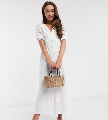 ASOS DESIGN Petite broderie tea maxi dress with puff sleeve in white