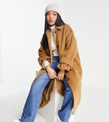 ASOS DESIGN Petite brushed boyfriend coat in camel-Brown