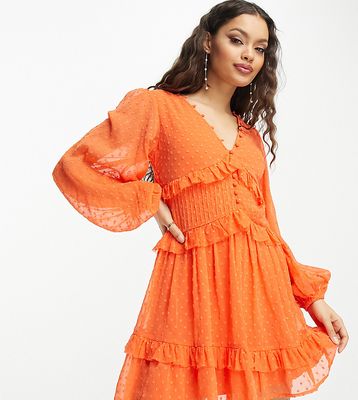 ASOS DESIGN Petite button through pintuck mini textured dress in bright orange
