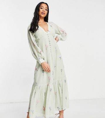 ASOS DESIGN Petite button up embroidered maxi tea dress in sage-Green