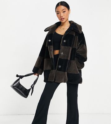 ASOS DESIGN Petite checkerboard teddy jacket in brown and black