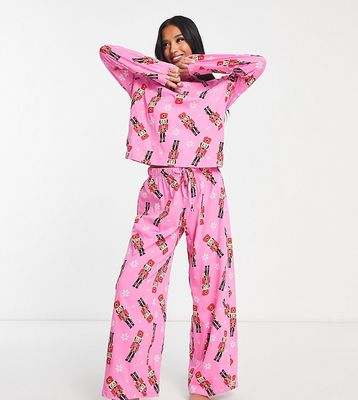 ASOS DESIGN Petite Christmas nutcracker long sleeve top & pants pajama set in pink
